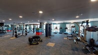 This modern fitness center in Houston, TX (77008) is a single-floor facility designed to accommodate a full range of workout disciplines. The space is styled with a bold teal and charcoal color palette, carpeted flooring with accent tile inlays, and recessed lighting throughout, creating an energetic yet focused atmosphere.

The main workout floor is generously proportioned, housing a robust selection of cardio equipment including multiple treadmills and elliptical machines positioned along large windows that frame natural views of mature trees, flooding the space with natural light. Ceiling fans overhead enhance airflow and comfort during workouts.

A standout feature is the Octagon functional training rig, a large multi-station structure equipped for suspension training, battle ropes, and a variety of functional fitness exercises. Adjacent to this, a dedicated free weights area offers a full dumbbell rack, adjustable bench, and wall-mounted mirrors, along with a flat-screen television for entertainment.

The facility also includes a flexible open area stocked with stability balls and medicine balls for dynamic training. A well-organized entry corridor leads into the space, complete with a water fountain station, a reception counter, and direct access to an outdoor area. The overall layout is thoughtfully designed to support both individual and group fitness routines.