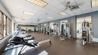 Located at 2508 SE Delaware St in Minneapolis, MN, this fitness center offers a generously sized, single-floor workout facility designed to accommodate a full range of exercise needs. The open floor plan is finished with durable speckled rubber flooring throughout, providing both safety and comfort during workouts. A drop ceiling with recessed panel lighting and multiple ceiling fans ensures the space remains well-lit and properly ventilated.

The cardio zone lines one side of the facility, featuring a row of treadmills, elliptical trainers, stair climbers, and cycling bikes. Large floor-to-ceiling windows along this wall flood the area with abundant natural light and provide open views to the outdoors, creating an energizing atmosphere. On the opposite side, a dedicated strength training area houses a comprehensive selection of cable machines and selectorized weight equipment, complemented by a rack of dumbbells and wall-mounted mirrors framed in warm wood trim. A BodyCraft rowing machine adds additional cardio variety. The slate-blue accent walls contrast cleanly with the bright white ceiling and trim, lending the space a modern, professional aesthetic. The thoughtful layout provides ample circulation space between equipment, making this fitness center functional and inviting for users of all fitness levels.