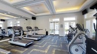 This fitness center offers a thoughtfully designed exercise space that combines functionality with refined aesthetics. The room is anchored by striking coffered ceilings with recessed warm accent lighting, adding an upscale architectural detail that elevates the overall atmosphere beyond a typical gym environment.

The space is outfitted with a selection of modern cardio equipment, including multiple treadmills and elliptical machines, arranged to allow comfortable use and easy movement throughout the room. A wall-mounted flat-screen television is positioned for viewing during workouts, while a large mirror along one wall enhances the sense of openness and allows users to monitor their form.

Underfoot, a geometric patterned carpet in shades of blue, grey, and gold adds a contemporary visual element and provides a comfortable surface underfoot. Natural light flows generously into the space through tall glass double doors and transom windows at the entrance, creating a bright and energizing workout environment with views to an outdoor area beyond.

The neutral grey and white color palette throughout the walls and trim contributes to a clean, modern look. Recessed lighting supplements the natural light, ensuring the space is well-illuminated at all times. Overall, this fitness center delivers a polished, welcoming setting designed to encourage regular exercise.