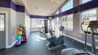 This fitness center is designed to provide a functional and motivating workout environment. The space is distinguished by its bold two-tone color scheme — deep purple accent walls contrasted against light gray lower walls — which lends an energetic and modern aesthetic throughout. Durable rubberized flooring covers the entire area, providing safety and comfort underfoot during exercise.

Large windows line multiple walls, flooding the space with generous natural light and offering views of the surrounding outdoor landscape. Clerestory-style upper windows further enhance the brightness of the interior, contributing to an open and airy atmosphere. The vaulted ceiling adds a sense of volume and spaciousness to the room.

The fitness center is well-stocked with a variety of cardio equipment, including multiple treadmills, elliptical machines, and a stationary recumbent bike, all from Life Fitness. A multi-station cable weight machine anchors the strength training area, complemented by a rowing machine and a rack of colorful medicine balls for functional fitness exercises. Wall-mounted flat-screen televisions are positioned throughout for entertainment during workouts.

The space also includes a dedicated entry corridor leading to the main workout floor, with access to additional rooms. Overall, the fitness center offers a comprehensive and well-lit facility suited for a full range of workout routines.