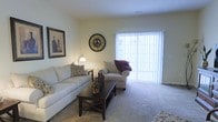 This single-floor space centers around a well-appointed living room designed for comfort and functionality. The room features wall-to-wall carpeting in a neutral tone, contributing to a warm and inviting atmosphere throughout. A large sliding glass door dominates one wall, dressed with vertical blinds that diffuse natural light evenly across the space, creating a bright and airy feel without direct glare.

The living area accommodates a classic seating arrangement, with a light-toned sofa and a matching upholstered chair positioned to encourage conversation and relaxation. A dark-finished wooden coffee table with an X-base design serves as a functional centerpiece, complemented by decorative accents including a woven basket and small decorative bottles. Wall décor includes a framed artwork print and a decorative round clock, adding visual interest to the neutral walls. A small arc lamp provides supplemental ambient lighting. The overall color palette relies on soft whites, beiges, and warm neutrals, lending the space a calm and cohesive aesthetic. The layout makes efficient use of the available floor area, offering a practical yet comfortable living environment.