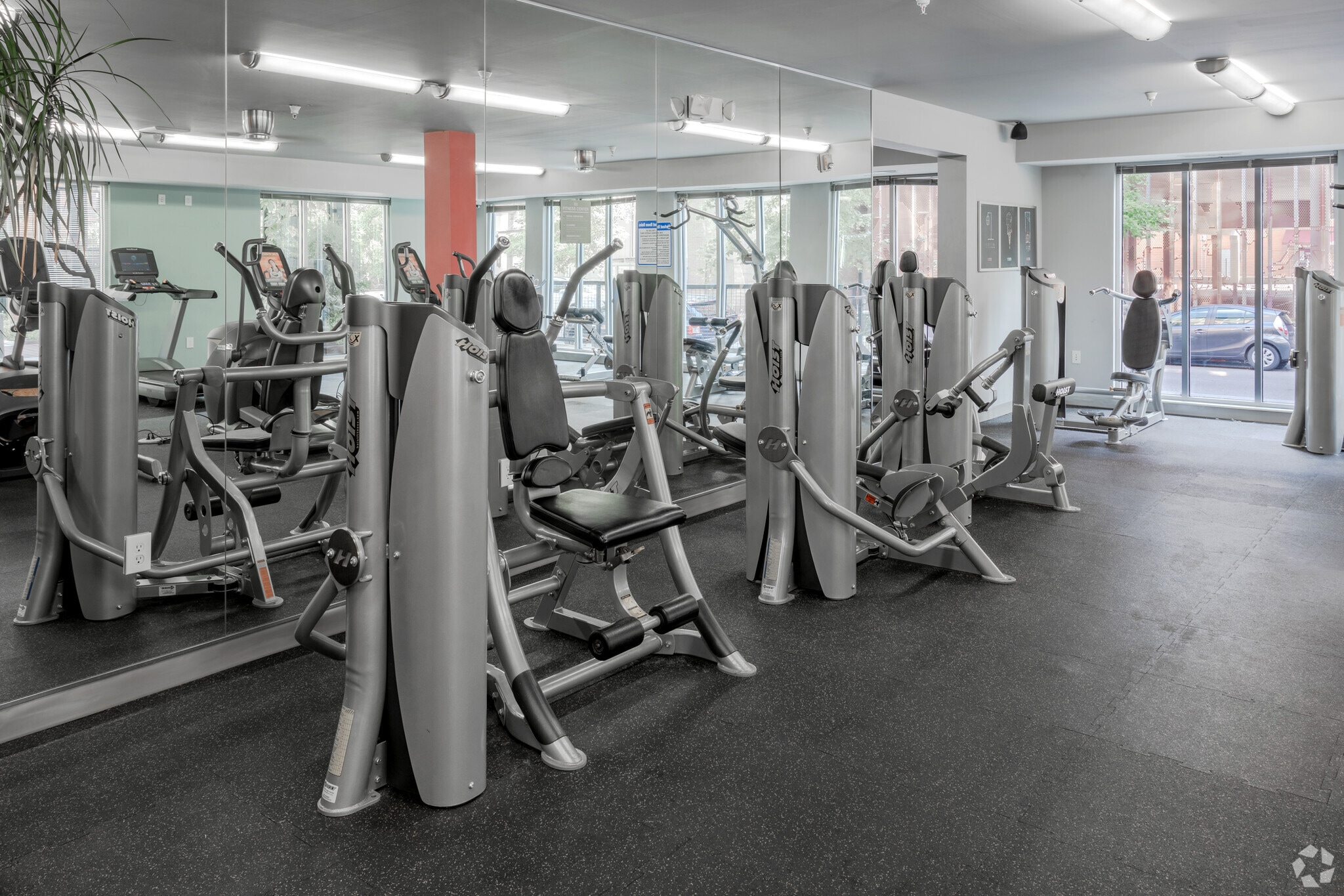 Gym with cardio and weight machines and mirrors.