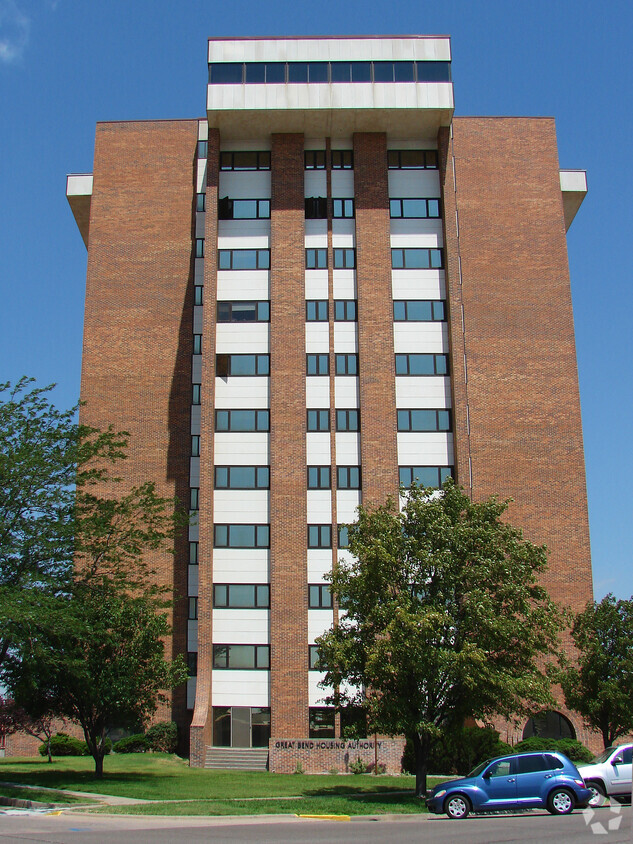 View from the southeast across Kansas Avenue. - Great Bend Hi-Rise