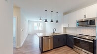 Located at 347 Arboretum in Wilmington, NC, this single-floor residence combines contemporary design with functional living. The open-concept layout seamlessly connects the kitchen and living area, creating a bright, airy atmosphere enhanced by light wood-tone flooring that runs throughout the space.

The kitchen is a standout feature, showcasing a large central island with a bold navy-blue base and granite countertop, illuminated by a trio of matte black pendant lights. Two-tone cabinetry pairs crisp white upper cabinets with dark lower cabinets, complemented by a geometric tile backsplash and a full suite of stainless steel appliances, including a refrigerator, microwave, range, and dishwasher. A deep single-basin sink with a matte black faucet adds a refined touch.

The living area offers generous space, natural light from a large window, and a ceiling fan overhead. Bedrooms continue the clean aesthetic with neutral walls, wood-look flooring, ceiling fans, and ample natural light. One bedroom includes a walk-in closet with built-in shelving. The bathroom features white subway tile surrounding a soaking tub, matte black fixtures, and a granite-topped vanity, delivering a clean, modern finish throughout.