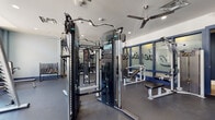 Lumber Jax Fitness is a thoughtfully designed fitness center laid out across a single, spacious floor. The facility features a clean, modern aesthetic with light grey walls accented by navy blue trim, durable rubber flooring, and recessed lighting complemented by ceiling fans throughout to ensure proper ventilation and comfort during workouts.

The cardio zone is well-appointed with a row of treadmills, Precor ellipticals, stair climbers, and stationary bikes, several of which are equipped with personal display screens for entertainment. Multiple wall-mounted TVs are positioned throughout for easy viewing from various workout stations.

The strength training area is generously stocked with a full rack of dumbbells ranging across a wide weight selection, medicine balls, adjustable benches, and multiple cable and pulley machines. A dedicated functional training station anchors the center of the space, offering a versatile range of cable-based exercises. Additional free weight and barbell stations are positioned near large windows, which allow natural light to fill the room and provide views of the surrounding exterior.

Mirrored walls expand the sense of space and allow users to monitor their form. A separate room with frosted glass doors, branded with the Lumber Jax logo, offers additional training space. Shelving units provide organized storage for accessories and equipment throughout the facility.