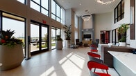 This expansive single-floor space showcases a contemporary design with an impressive, double-height lobby entrance. Floor-to-ceiling windows and glass doors flood the entry with natural light, highlighting large-format porcelain tile flooring and dramatic sculptural light fixtures overhead. A substantial reception desk in veined white stone anchors the main lobby, which is adorned with bold abstract artwork, a textured feature wall, and lush tropical plants throughout.

The lounge area features soaring ceilings draped with sheer white curtains, comfortable sectional seating accented by vibrant red throw pillows, and patterned area rugs in warm tones. An adjoining sitting room offers a wall-mounted television set against a herringbone-patterned accent wall, with a recessed, illuminated ceiling detail adding atmospheric depth.

A fully equipped kitchen showcases dark wood cabinetry, stainless steel appliances including double wall ovens and a French door refrigerator, and a generous island topped with dramatic white-veined stone, complemented by geometric patterned barstools.

The billiards room is a standout amenity, featuring a full-size pool table beneath a bold sculptural chandelier, a metallic ceiling treatment, and floor-to-ceiling glass walls offering outdoor views. High-top seating nearby provides an ideal social gathering spot, completing this well-appointed, amenity-rich space.