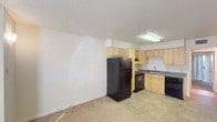 This single-floor unit offers a practical and straightforward layout designed to maximize usability within a compact footprint. The living area is carpeted in neutral tones and connects seamlessly to the kitchen, creating an open feel. A window near the front entry allows natural light to filter into the living space, brightening the interior and providing a welcoming atmosphere upon entry. The front door is solid and centrally positioned, contributing to an efficient use of the entryway.

The kitchen is equipped with light wood cabinetry extending to the upper walls for ample storage, complemented by dark granite-style countertops. Black appliances, including a full-size refrigerator, range, and dishwasher, provide a functional contrast to the cabinetry. The kitchen floor transitions to tile, visually separating it from the carpeted living space.

The bedroom is a quiet, carpeted room featuring vertical blinds that allow adjustable natural light. Its clean, neutral walls provide a versatile backdrop for furnishing.

The bathroom features a well-appointed vanity with light wood cabinetry, multiple drawers, dark countertops, an integrated sink, and a large mirror with overhead lighting. A textured ceiling is consistent throughout the unit, adding subtle architectural character to each room.
