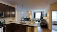 Located at 1 Kennedy Ave in Danbury, Connecticut, this single-floor residence offers a thoughtfully designed open-concept layout that seamlessly connects the kitchen and living areas. The kitchen is appointed with rich dark cabinetry, light granite countertops, a stainless steel undermount sink, and a stainless steel dishwasher. Pendant lighting hangs above the kitchen island, adding a modern touch and providing focused illumination over the workspace. The open flow into the living area creates a spacious, airy feel, ideal for both everyday living and entertaining. The living space is bathed in natural light from a large window dressed with elegant dark curtains, which adds contrast and depth to the room. Warm hardwood-style flooring runs throughout, tying the spaces together cohesively. Neutral-toned walls provide a versatile backdrop, complementing the contemporary furnishings and décor. Recessed lighting supplements the natural light, ensuring the interior remains bright and welcoming at all hours. The overall ambiance is modern and refined, with a clean aesthetic that balances comfort and style throughout this well-appointed Danbury residence.
