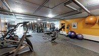 This fitness facility offers a comprehensive workout environment designed to accommodate a wide variety of training styles and fitness goals. The space features an industrial aesthetic, with exposed ceiling infrastructure including ductwork and piping that lend the gym a raw, urban character. Durable rubber flooring throughout provides both safety and comfort underfoot.

The gym is generously outfitted with an impressive array of equipment. Cardio machines, including an elliptical and treadmill, are positioned toward the front of the space, while a robust selection of strength-training machines occupies the central floor area. A dedicated free weights section includes a full dumbbell rack, and functional training equipment such as an inversion table, medicine balls, and stability balls round out the offering.

A vibrant yellow accent wall adds a burst of energy to one side of the facility, complemented by motivational artwork. Full-length mirrors are strategically placed to maximize the sense of space and assist with form during workouts. Overhead lighting ensures the entire area is well-lit, creating a focused and energizing atmosphere. This facility is thoughtfully arranged to make efficient use of its footprint while keeping all equipment highly accessible.