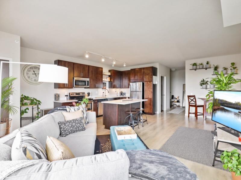 Modern open-concept living room and kitchen with stylish furniture and decor.