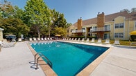 This inviting outdoor amenity space centers around a generously sized rectangular swimming pool with clear, vivid blue water, framed by a wide concrete sundeck. The pool deck is lined with rows of white-and-yellow slatted lounge chairs, providing ample space for sunbathing and relaxation. A dedicated pool house with yellow lap siding and a clean white door offers convenient poolside storage or changing facilities, complemented by a covered overhang and ceiling fan for additional shade and comfort. Surrounding the pool area, a natural canopy of mature deciduous and evergreen trees lends a sense of privacy and cool shade during warm-weather months. Stone retaining walls and neatly trimmed hedges define the perimeter of the space, adding a classic, well-maintained aesthetic. The backdrop features a multi-story residential building with yellow siding, a prominent stone chimney, and private balconies that overlook the pool. A gated entrance with a paved pathway controls access to the area, which also includes a shaded seating nook beneath the trees. The overall ambiance is relaxed, resort-like, and thoroughly oriented toward outdoor leisure under open skies.