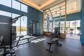 Located at 3988 E Hardy St in Inglewood, CA, this contemporary fitness center is a thoughtfully designed, single-floor facility that blends striking aesthetics with comprehensive workout functionality. The space is immediately distinguished by its bold teal patterned accent walls, which create a vibrant and energizing atmosphere throughout. Soaring ceilings with warm coffered lighting elements lend an open, airy quality to the interior, while expansive floor-to-ceiling windows invite an abundance of natural light and frame views of surrounding palm trees and the outdoor landscape. The cardio zone is generously equipped with treadmills, ellipticals, and stationary bikes — including Echelon cycling machines — all positioned to take advantage of the bright, sun-filled views. A dedicated strength training area features a robust selection of dumbbells, weight benches, cable machines, and multi-use strength equipment, finished with durable rubber flooring. A sleek, wood-toned open shelving unit serves as an architectural divider between zones, adding a refined design element. Additional amenities include a water fountain station and access to adjoining rooms. Light cork-toned flooring in the cardio area and speckled rubber flooring in the weights zone provide both style and practicality throughout this well-appointed facility.