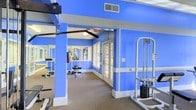 This single-floor fitness center makes a strong visual impression with its bold royal blue walls accented by crisp white trim and structural columns, creating an energetic and motivating atmosphere. The space is generously proportioned, offering room for a variety of strength training and exercise equipment, including cable pulley machines, weight benches, and free weight stations. Large, multi-pane windows line the walls, flooding the interior with natural light and contributing to an open, airy feel. Mirrored wall sections enhance the sense of depth and allow users to monitor their form during workouts. The ceiling features built-in ventilation and overhead lighting supplemented by a ceiling fan, supporting comfortable year-round use. Durable carpeted flooring covers the workout area, providing both traction and cushioning underfoot. The layout is thoughtfully organized, with equipment distributed throughout the space to allow for smooth traffic flow between stations. An emergency exit sign is clearly visible, reflecting attention to safety standards. Overall, the fitness center balances a functional, well-equipped environment with a vibrant and inviting design aesthetic.