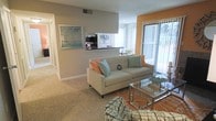 This single-floor residence features an open-concept layout that seamlessly connects the living area to the kitchen. The living room is carpeted and anchored by a neutral-toned sofa accented with teal and orange throw pillows, complemented by a glass-top coffee table that adds a contemporary touch. A bold orange accent wall adds a vibrant focal point to the space, while decorative wall art enhances the overall aesthetic.

A pass-through window connects the living area to the kitchen, offering a glimpse of dark appliances and a light-colored countertop beyond. This design choice maintains visual openness while defining each functional zone. A sliding glass door with vertical blinds lines one wall of the living area, allowing generous natural light to filter in and providing a view of the lush greenery outside.

The layout flows naturally toward a hallway, suggesting additional rooms beyond the main living space. The combination of neutral wall tones, warm carpet, and strategic color accents creates a welcoming and balanced ambiance throughout.