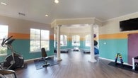 This fitness center offers a spacious, single-floor layout designed to accommodate a full range of workout activities. The interior is immediately distinguished by its bold, tri-color accent walls — featuring horizontal bands of teal, orange, and cream — which lend the space an energetic and motivating ambiance. Stately white decorative columns are positioned throughout, adding a refined architectural touch that contrasts beautifully with the lively color palette. The flooring throughout is a smooth, dark wood-look material that is both durable and visually clean.

The cardio zone is anchored by a trio of treadmills arranged beneath a row of large, arched windows that flood the area with natural light and offer views of the surrounding greenery. An elliptical section nearby houses multiple cross-trainers and a weight bench, complemented by a tall rack of colorful medicine balls. The strength and free-weight area features a well-stocked dumbbell rack and a yoga mat, with a wall-mounted flat-screen TV overhead. A full-length mirror wall visually expands this section, allowing users to monitor their form. A standing scale and additional cardio equipment, including a stair climber, round out the offerings. Recessed lighting throughout ensures the space remains bright and functional at all hours.