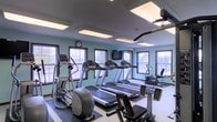 This fitness center is a well-equipped, single-floor exercise space designed to support a variety of cardio-focused workouts. The room is painted in a calming sage green, creating an energizing yet comfortable atmosphere for exercise. Multiple windows line the walls, allowing ample natural light to fill the space and providing views of the surrounding outdoor environment, contributing to an open and airy feel.

The facility houses a selection of cardio machines, including multiple treadmills arranged in a row, an elliptical trainer, and additional aerobic equipment such as a stationary bike and step machine. A wall-mounted flat-screen television is positioned for easy viewing during workouts, adding convenience and entertainment for users.

Overhead, recessed fluorescent lighting supplements the natural light, ensuring the space remains well-lit regardless of the time of day. The flooring features a combination of rubber matting beneath the equipment and hard flooring in surrounding areas, providing both safety and durability. A wall clock keeps users on schedule, and the overall layout is organized to maximize the available floor space efficiently.