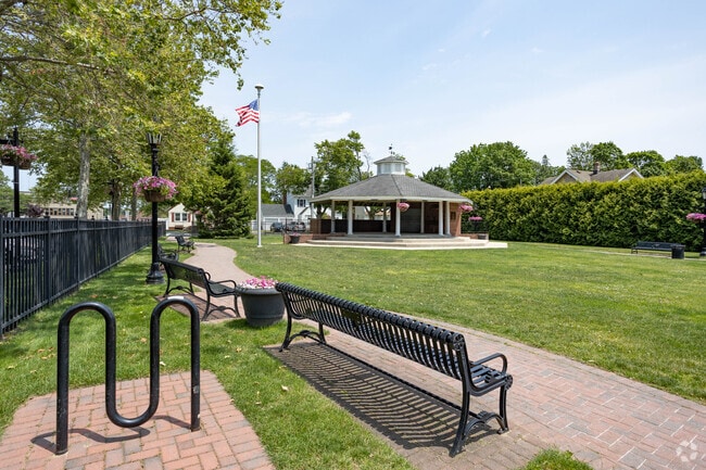 There are bicycle racks and benches throughout the Village Green in downtown Farmingdale, NY.
