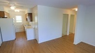 This single-floor space is characterized by a straightforward, open layout that connects the kitchen and living areas in a practical arrangement. The kitchen is positioned along one wall and features light wood cabinetry, a countertop with an integrated sink, and standard appliances including what appears to be a range. A window above the sink allows natural light to filter into the kitchen area, brightening the space. The kitchen's counter wraps slightly, offering a modest amount of prep and workspace.

A prominent central dividing wall separates the kitchen zone from the adjoining living and additional rooms, creating a degree of definition between spaces while maintaining an open feel. Warm-toned, hardwood-style flooring runs consistently throughout the visible areas, contributing a cohesive and clean aesthetic across the space.

Beyond the central dividing wall, doorways lead to additional rooms, suggesting a functional layout with separate private areas. The overall color palette is neutral, with white walls and light flooring creating a bright, airy atmosphere. The space is presented in a vacant state, allowing for a clear view of its structural layout and potential for customization.