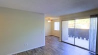 This single-story space features an open layout with warm-toned wood-style flooring throughout, creating a cohesive and inviting atmosphere. The main living area is spacious and versatile, with neutral, light-colored walls that complement the natural light flowing in from multiple windows. A ceiling fan with an integrated light fixture is installed overhead, providing both airflow and ambient lighting to the space.

A sliding glass door serves as a prominent architectural feature, offering direct access to an outdoor area — likely a patio or balcony — and framing views of the exterior. Vertical blinds are fitted to the sliding door, allowing for adjustable light control and privacy. The transition between interior zones is defined by a subtle architectural column, adding structural character to the otherwise open floor plan.

The textured ceiling adds a classic finishing detail, while white baseboards provide clean contrast against the flooring. Electrical outlets and light switches are thoughtfully positioned along the walls. Overall, the space presents a functional and straightforward layout with practical finishes suited for comfortable everyday living.