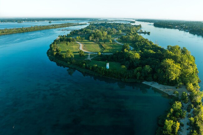 Aerial view of Bois Blanc Island with Amherstburg, Ontario, on the right at Michigan, USA, on the left.