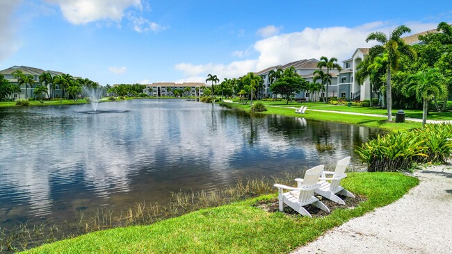 Enjoy serene lakefront views eaturing a picturesque lake with a fountain, lush landscaping, and comfortable seating areas. Perfect for relaxation and enjoying nature's beauty within the community. - Lexington Palms at the Forum