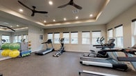 This fitness center offers a comprehensive workout environment designed to accommodate a wide range of exercise routines. The space is anchored by a distinctive tray ceiling with recessed lighting, which adds architectural character while providing bright, even illumination throughout. Multiple ceiling fans ensure consistent airflow, contributing to a comfortable workout environment.

The cardio zone is well-stocked with treadmills, elliptical trainers, and a stationary bike, all positioned along a wall lined with large windows fitted with roller shades. This row of windows allows ample natural light to fill the space and provides views to the outdoors, creating an open and energizing atmosphere.

On the opposite side of the room, a multi-station strength machine and a weight bench offer dedicated options for resistance training. Full-wall mirrors run the length of this area, visually expanding the space and allowing users to monitor their form during workouts. Additional fitness accessories, including medicine balls and exercise mats, are neatly organized and readily accessible.

The durable, textured flooring throughout provides stability and cushioning suited for various types of exercise. Glazed French doors connect the fitness area to adjacent spaces, enhancing both functionality and the overall sense of openness. Together, these features create a practical, well-appointed fitness center.