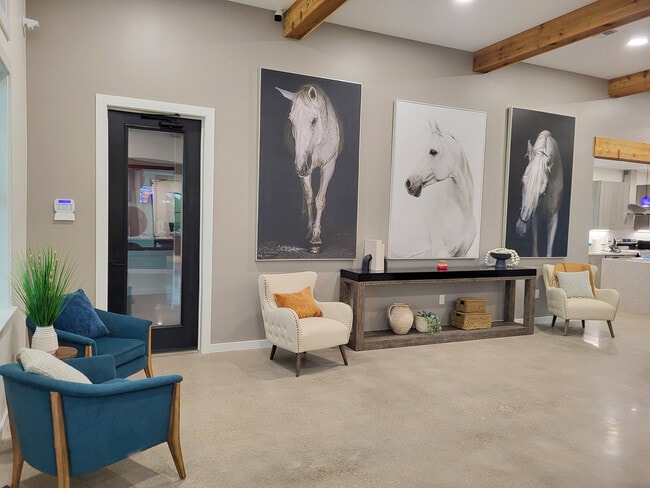 Modern seating area with blue and cream chairs, decorative plants, and three large horse portraits on a taupe wall - Rancho Serenidad