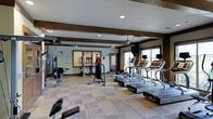 This fitness center offers a thoughtfully designed workout space that balances functionality with an inviting aesthetic. The room features decorative dark wood ceiling beams that add a rustic character, complemented by recessed lighting and ceiling fans that help maintain a comfortable environment during workouts. Patterned, light-toned carpeting covers the floor throughout the space, contributing to a clean and well-maintained appearance.

The cardio section is prominently equipped with a row of treadmills and elliptical machines, each fitted with individual display screens for an engaging workout experience. On the opposite side of the room, a variety of strength training equipment is available, including weight machines and cable systems suited for a full-body workout. A freestanding heavy punching bag and speed bag station add a boxing-focused element to the facility.

Natural light filters in through multiple windows along the walls, creating a bright and energizing atmosphere. The overall layout is open and spacious, allowing for comfortable movement between equipment. The combination of modern machines and warm architectural details gives the fitness center a welcoming and practical character.