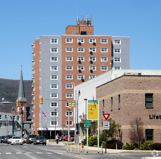 View from the southeast along Mechanic Street - JFK Apartments