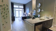 This single-floor unit showcases a thoughtfully designed open-concept layout that seamlessly connects the kitchen, dining, and living areas. The kitchen features a granite-topped peninsula with an undermount stainless steel sink, pendant lighting in a brushed nickel finish, and a stainless steel dishwasher — offering both functionality and style. Dark cabinetry provides a striking contrast against the light granite surfaces.

The living area is anchored by wide-plank, hardwood-style flooring that extends throughout the space, creating a warm and cohesive aesthetic. Elevated ceilings add a sense of openness, while large floor-to-ceiling windows and glass patio doors flood the interior with abundant natural light and provide direct access to an outdoor area.

The accent wall, finished in a deep charcoal-green tone, adds depth and sophistication to the space. Decorative metallic wall art and carefully placed furnishings contribute to the unit's contemporary character. A sleeping area is visible in the background, reinforcing the efficient, open flow of the floor plan. The overall ambiance is modern, stylish, and well-appointed.