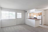 This single-floor residence offers a practical and comfortable layout across several well-defined living spaces. The open-concept living area welcomes you upon entry, featuring neutral-toned carpet underfoot and a ceiling fan overhead. Natural light filters in through front-facing windows flanking the entry door, creating a bright and inviting atmosphere. A peninsula-style kitchen is seamlessly integrated into the living space, defined by light wood cabinetry, dark countertops, and a full suite of appliances including a gas range, white refrigerator, and dishwasher. The kitchen also benefits from its own window, adding to the natural light throughout. The layout includes multiple bedrooms, each finished with plush carpeting and windows that bring in ample daylight and outdoor views. One bedroom features a built-in closet with bifold doors, while another offers a spacious feel with a wide window. The bathroom is appointed with a wood-toned vanity cabinet, a wide mirror with chrome rail accents, and clean, neutral wall finishes. Throughout the unit, the consistent use of warm neutral tones and carpet creates a cohesive and comfortable ambiance, making this a well-organized and functional living space.