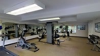 This fitness center offers a comprehensive workout environment designed to accommodate a range of exercise needs. The space is outfitted with a solid selection of equipment, including elliptical machines, stationary bikes, and a multi-station cable weight machine, providing options for both cardiovascular and strength training routines. A rowing machine is also available for full-body conditioning. Floor-to-ceiling mirrors line the walls, visually expanding the space and allowing users to monitor their form during exercise. The flooring features durable, cushioned material well-suited for a high-traffic fitness environment. Overhead fluorescent light panels provide consistent, bright illumination throughout the room. Large windows along one wall allow natural light to filter in, offering views of surrounding greenery and creating a more inviting atmosphere. A stability ball rounds out the available equipment, supporting stretching and core training. The layout is open and organized, allowing for comfortable movement between stations. The space maintains a clean, functional aesthetic with neutral tones and practical finishes throughout, making it a straightforward and efficient facility for daily fitness use.
