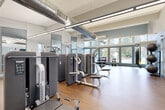 Located at 14359 SE 6th St in Bellevue, WA, this single-floor fitness center offers a generously sized, well-appointed exercise facility designed to support a wide range of workout routines. The space is organized into distinct functional zones, each thoughtfully equipped and finished with warm hardwood-style flooring throughout.

The cardio area features a full row of modern treadmills, ellipticals, and stationary bikes, all positioned along a wall of large windows that frame views of lush Pacific Northwest greenery, flooding the space with natural light. Adjacent to this is a comprehensive strength training zone, outfitted with multiple cable and resistance machines as well as a flat bench, catering to a variety of muscle-targeting exercises.

A dedicated functional fitness area includes a GymRax modular rig with kettlebells, medicine balls, and a heavy punching bag, while an open studio space with mirrored walls and a striking mountain-silhouette mural provides room for stretching, yoga, or group training. Vaulted ceilings with exposed industrial ductwork lend an open, airy character to the space. Water fountains, large mirrors, and ample linear lighting complete the well-rounded facility, making it a comprehensive and inviting destination for fitness enthusiasts.