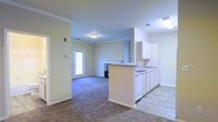 This single-floor residence offers an open-concept design that seamlessly connects the kitchen and living areas into one cohesive, functional space. The kitchen is outfitted with white cabinetry, light-toned countertops, and a peninsula that provides additional workspace and casual dining potential. White appliances and a double-basin sink add to the kitchen's clean, practical aesthetic, while light hardwood-style flooring grounds the area with a warm finish.

The adjoining living area features plush wall-to-wall carpeting that adds comfort underfoot, complemented by a fireplace that serves as a natural focal point and contributes to the room's inviting atmosphere. Crown molding runs along the ceiling throughout, lending a refined architectural detail that elevates the overall character of the space.

Natural light filters in through a glass-paneled entry door, brightening the open floor plan and creating an airy feel. The neutral color palette of soft beige and white tones throughout the walls and finishes provides a versatile backdrop, making the space easy to personalize. Ceiling-mounted light fixtures provide consistent, even illumination. Overall, the layout is thoughtfully designed to maximize both functionality and comfort within a single-level footprint.
