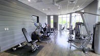 This fitness center offers a thoughtfully designed workout environment spread across a single level. The space features hardwood-style flooring and a drop ceiling with recessed lighting and ceiling fans, ensuring comfort during exercise. One wall is finished with horizontal shiplap-style paneling in a neutral grey tone, adding a modern, clean aesthetic to the interior.

The facility is well-stocked with a variety of cardio and strength-training equipment, including ellipticals, stationary bikes, cable machines, and adjustable benches, catering to a wide range of fitness routines. Equipment is arranged to allow ample circulation space between machines.

Large floor-to-ceiling windows along one wall bathe the room in natural light and provide open views of the surrounding greenery and skyline, creating an energizing atmosphere. The combination of modern finishes, abundant natural light, and comprehensive equipment selection makes this fitness center a functional and inviting space for residents or members looking to maintain an active lifestyle.