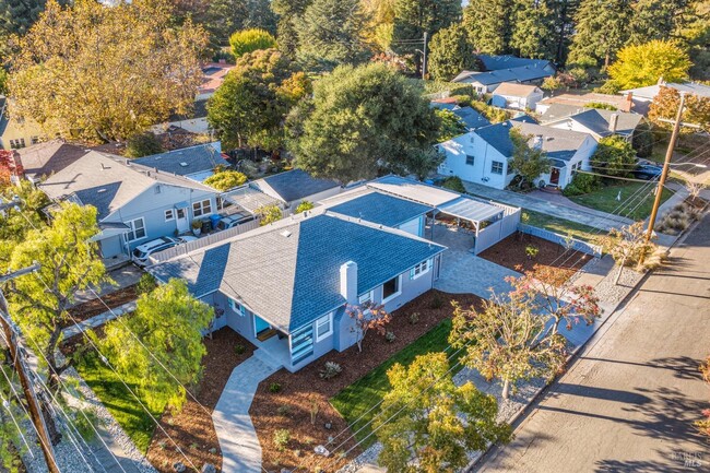 Aerial view showing new roof & landscape - 163 California Ave