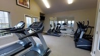 This fitness center is thoughtfully designed to provide a functional and comfortable workout environment. The space features vaulted ceilings that lend an open, airy feel, complemented by neutral-toned walls and light carpeting throughout. Natural light streams in generously through multiple windows, including a set of glass doors, creating a bright and inviting atmosphere conducive to exercise.

The room is equipped with a selection of cardiovascular machines, including a True-brand treadmill prominently positioned at the front, a recumbent bike, and an elliptical trainer, all placed on protective floor mats. A freestanding rack holds a set of dumbbells, offering options for strength training. A wall-mounted flat-screen television is installed near the entrance, providing entertainment during workouts.

One full wall is lined with large mirrors, which visually expand the space and allow users to monitor their form during exercise. Framed artwork adds a decorative touch to the walls, enhancing the overall ambiance. The combination of ample natural light, quality equipment, and a clean, organized layout makes this fitness center a practical and welcoming facility for a variety of workout routines.