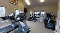 This fitness center is thoughtfully designed to provide a functional and comfortable workout environment. The space features vaulted ceilings that lend an open, airy feel, complemented by neutral-toned walls and light carpeting throughout. Natural light streams in generously through multiple windows, including a set of glass doors, creating a bright and inviting atmosphere conducive to exercise.

The room is equipped with a selection of cardiovascular machines, including a True-brand treadmill prominently positioned at the front, a recumbent bike, and an elliptical trainer, all placed on protective floor mats. A freestanding rack holds a set of dumbbells, offering options for strength training. A wall-mounted flat-screen television is installed near the entrance, providing entertainment during workouts.

One full wall is lined with large mirrors, which visually expand the space and allow users to monitor their form during exercise. Framed artwork adds a decorative touch to the walls, enhancing the overall ambiance. The combination of ample natural light, quality equipment, and a clean, organized layout makes this fitness center a practical and welcoming facility for a variety of workout routines.