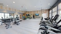 This spacious fitness center is thoughtfully designed to support a comprehensive workout experience. The space features light-toned luxury vinyl flooring throughout, contributing to a clean and modern aesthetic. Walls are finished with a warm, textured stripe wallcovering in neutral tones, complemented by contrasting gray-painted accent walls that add depth and visual interest.

A full-length mirrored wall runs along one side of the room, enhancing the sense of openness while allowing users to monitor their form. Two wall-mounted flat-screen televisions are positioned for easy viewing from multiple workout stations. Recessed lighting and multiple ceiling fans ensure the space remains well-lit and comfortable during use.

The cardio zone features treadmills and elliptical trainers, along with stair-climber machines positioned near oversized windows that offer views of an outdoor pool area and surrounding landscape, providing natural light and a motivating environment. A dedicated functional training area includes a Matrix multi-functional cable machine, a Pilates-style reformer, and an organized rack of medicine balls and resistance accessories. The overall ambiance is bright, airy, and professionally appointed, reflecting a high standard of amenity design.