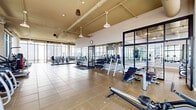 Located on an upper floor at 833 North Clark Street in Chicago's River North neighborhood, this generously sized fitness center offers a comprehensive workout environment with striking views of the city skyline. The space is defined by dramatic floor-to-ceiling windows that wrap around multiple zones of the facility, flooding the interior with natural light and providing inspiring panoramic views of Chicago's iconic high-rises and surrounding neighborhoods.

The main workout floor is expansive, finished with large-format tile flooring and elevated ceilings with exposed ductwork and pendant lighting that lend an industrial-modern aesthetic. The cardio zone features a full lineup of treadmills, elliptical trainers, and stair climbers positioned along the windows to maximize the skyline experience during workouts. A dedicated free weights area offers a comprehensive dumbbell rack, benches, and cable machines, complemented by full-length mirrors that enhance the sense of space.

A separate cycling studio, enclosed by sleek black-framed glass partition walls, houses multiple stationary bikes and a large-screen display, providing a semi-private space for focused training. Additional mirrored walls throughout amplify the open feel of the facility. The overall ambiance is bright, modern, and well-equipped, offering a premium fitness experience in the heart of Chicago.
