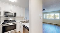 Located at 6235 Beck Ave in North Hollywood, Los Angeles, this one-bedroom, one-bathroom unit offers a well-organized, efficient single-floor layout. Light-toned hardwood-style flooring runs throughout the living spaces, lending a clean and cohesive aesthetic. The living room is bright and open, featuring a ceiling fan with light fixture, a textured ceiling, vertical blinds allowing natural light to filter in, and a wall-mounted air conditioning unit for year-round comfort. The kitchen is thoughtfully appointed with white cabinetry, light countertops, a stainless steel sink, and a full suite of stainless steel appliances including a gas range, microwave, and dishwasher. A pass-through opening connects the kitchen to the living area, enhancing the sense of openness. The bedroom is comfortably sized, also featuring hardwood-style floors, a ceiling fan, and a window with natural light. It includes a closet with mirrored sliding doors, which adds visual depth to the room. Three closets in total provide generous storage throughout the unit. The bathroom completes the layout. Neutral wall tones and consistent finishes throughout give the space a tidy, move-in-ready feel.