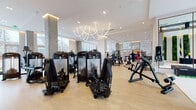 This contemporary fitness center is designed to deliver a premium workout experience within a bright, architecturally refined environment. The main exercise floor is expansive and open, featuring light hardwood-style flooring, soaring ceilings, and floor-to-ceiling windows that flood the space with natural light and provide views of the surrounding urban streetscape. Exposed concrete columns punctuate the floor plan, adding an industrial contrast to the otherwise clean, white interior aesthetic.

The facility is well-equipped with a comprehensive array of professional-grade strength machines, free weights, and resistance equipment arranged throughout the main floor. A dedicated cardio section lines the perimeter windows and includes rowing machines, StairMaster units, and cycling equipment. A functional training area features TRX suspension systems, gymnastic rings, and resistance bands mounted to an overhead rig, with large framed mirrors enhancing visibility and space.

A standout design feature is the dramatic living green wall near the entrance, comprised of vertical moss and fern panels set against a light stone backdrop, creating a striking biophilic focal point. The reception desk is positioned at the entry alongside this installation. A sculptural curved LED chandelier serves as an artistic centerpiece overhead. Floor-to-ceiling glass entry doors with warm wood frames open to an outdoor plaza, seamlessly connecting the interior to the surrounding environment.