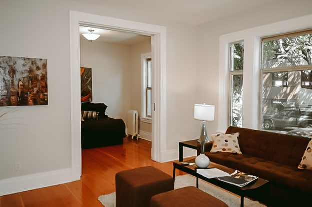 living room to bedroom view from front entry - 123 John St