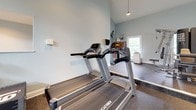 This fitness center is thoughtfully designed to support a wide range of workout routines within a single, open-plan space. The room features soaring vaulted ceilings that lend an airy, expansive feel, complemented by soft blue-gray walls and pendant lighting that creates a clean, welcoming atmosphere. Rubberized flooring throughout provides both durability and safety underfoot.

The cardio section is well-appointed with multiple Cybex treadmills and a row of elliptical trainers, all positioned in front of floor-to-ceiling mirrored walls that visually double the space. A wall-mounted flat-screen television is positioned for easy viewing during workouts. Natural light filters in through a combination of standard and clerestory windows, enhancing the bright, open environment.

The strength training area offers a multi-function cable machine and an adjustable weight bench, while a dedicated dumbbell rack holds a full set of free weights alongside TRX suspension straps and resistance bands for functional training. Stability balls and additional accessories are also available. French doors on one end open to the outdoors, further brightening the space and providing easy access to fresh air.