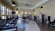 This fitness center offers a thoughtfully designed space for a comprehensive workout experience. The room features soaring vaulted ceilings clad in white shiplap, lending a bright and airy quality to the interior. Overhead, a ceiling fan and stylish black pendant lights provide both comfort and a polished aesthetic.

The flooring transitions between dark hardwood and light-toned sections, subtly delineating different workout zones. Along one side, a row of cardio machines—including treadmills and ellipticals—faces large windows that allow abundant natural light to fill the room and offer views of the surrounding greenery. Full-length mirrors line the walls, visually expanding the space while providing functional feedback during workouts.

The strength training area is well-equipped with cable machines, a dumbbell rack, and various resistance stations, supporting a wide range of training routines. A wall-mounted flat-screen television adds to the amenity. An adjacent room, visible through a doorway, provides additional equipment or functional training space. The overall ambiance is clean, modern, and inviting.