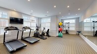 This single-level fitness room is thoughtfully designed to support a full range of exercise routines in a clean, well-lit environment. The space is finished with neutral-toned carpet and crisp white walls accented by classic wainscoting, lending a polished yet functional aesthetic throughout.

Natural light is a defining feature, with multiple windows fitted with white plantation shutters lining the walls and allowing ample daylight to fill the room. Recessed ceiling lights provide consistent overhead illumination to complement the natural light.

The cardio section is well-stocked, housing multiple treadmills, elliptical trainers, and a recumbent bike arranged in an organized row facing the windows and a wall-mounted flat-screen television. A large floor-to-ceiling mirror spans one wall, visually expanding the space and allowing users to monitor their form during workouts.

A freestanding cable machine with a weight stack offers strength training versatility, accompanied by a rack of stability balls in multiple sizes and a collection of yoga mats stored in a nearby basket. French doors with glass panels provide access to the room, adding an elegant architectural touch. Overall, the space strikes a balance between a professional gym environment and a refined interior design sensibility.