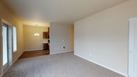 This single-floor space features an open-concept layout that seamlessly connects the living area to the kitchen. The living room is finished with neutral-toned carpet and warm beige walls, creating a clean and understated atmosphere. A built-in pet door is a notable practical feature set into the wall, adding convenience for pet owners. White baseboards frame the room and complement the light wall tones throughout.

The space transitions into a kitchen area distinguished by rich, dark wood cabinetry that provides a warm contrast to the lighter tones of the living space. The kitchen is accented by a chandelier-style pendant light fixture, adding a touch of character to the dining and cooking area. Hard surface flooring in the kitchen provides a durable and easy-to-maintain finish.

The open flow between the two areas enhances the overall sense of space, making the layout feel connected and versatile. Multiple electrical outlets are positioned throughout the living area, offering practical utility. The overall design is straightforward and functional, with consistent finishes that provide a cohesive and move-in-ready environment.