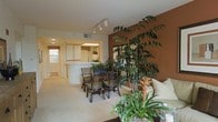 This single-floor space presents an open, flowing layout that seamlessly connects the living, dining, and kitchen areas. The dining area is anchored by a dark rattan chair set arranged around a round table, positioned adjacent to a curved, white kitchen peninsula that offers a natural division between the two spaces. The kitchen, visible through a pass-through opening, features light wood cabinetry and benefits from a skylight that draws in natural light, brightening the workspace.

A striking terracotta-brown accent wall serves as a bold focal point in the main living area, providing a warm contrast to the otherwise neutral palette of cream walls and light carpeted flooring. Track lighting mounted on the ceiling provides adjustable illumination throughout the space.

One of the most distinctive features is the abundant use of indoor plants, including a tall, sculptural tree that reaches toward the ceiling alongside an assortment of tropical foliage and a vibrant bromeliad. These plants infuse the space with a lush, organic energy. The overall ambiance is warm and inviting, blending earthy tones with natural textures for a relaxed, nature-inspired aesthetic.