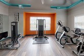 Located at 100 Stonegate Way in Middle Island, NY, this single-floor fitness center is designed to provide a well-equipped and energizing workout environment. The space features a bold, contemporary aesthetic defined by striking teal and orange accent colors that bring energy and personality to the room. Exposed teal ductwork runs across the vaulted ceiling, adding an industrial-chic element, while recessed lighting ensures the space is well illuminated throughout.

The flooring throughout is a light hardwood-style material that is both durable and visually clean. Large wall-mounted mirrors line one side of the room, creating a sense of expanded space and allowing users to monitor their form during workouts. Motivational fitness-themed typography decorates accent walls, reinforcing the active atmosphere.

The facility is outfitted with a comprehensive range of equipment, including treadmills, elliptical machines, stationary bikes, cable weight machines, a leg press, a dumbbell rack with a flat bench, and a multi-function cable training station. Natural light filters in through windows framed by the signature orange accent walls, contributing to an open and inviting feel. Wall-mounted televisions and a wall clock add practical amenities for users. Entry is provided through a distinctive orange-framed glass-paned door, completing the cohesive and thoughtfully designed space.