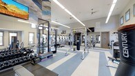 This fitness center offers a spacious, single-floor layout designed to accommodate a wide range of workout routines. The facility features soaring high ceilings that create an open, airy atmosphere, complemented by bright linear LED lighting and a ceiling fan that help maintain a comfortable environment during exercise. The flooring consists of a distinctive blue and white striped design, lending the space a clean, professional aesthetic.

The strength and functional training area is well-appointed, featuring a multi-use cable and resistance training rack, TRX suspension training system, and a heavy punching bag, providing ample options for functional fitness and conditioning. Step platforms and free weights are also available for varied workout programming. Floor-to-ceiling mirrors line sections of the walls, enhancing the sense of space while allowing users to monitor their form.

A dedicated cardio zone is visible through glass partitions, housing a row of treadmills and additional cardio machines, offering a focused environment for endurance training. Wall-mounted flat-screen televisions are strategically placed throughout the facility. Natural light filters in through windows positioned along the upper walls, adding to the bright and energizing ambiance. The overall design reflects a modern, purpose-built fitness facility suited for diverse training needs.